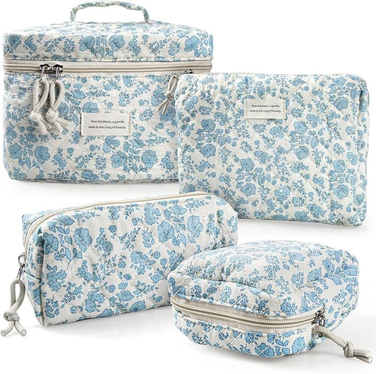 VIWIME Makeup Cosmetic Bag, Large Cotton Quilted Travel Coquette Aesthetic Cute Floral Make up Bag for Women Toiletry Bag Organizer (205- Sky Blue/ 4Pcs)