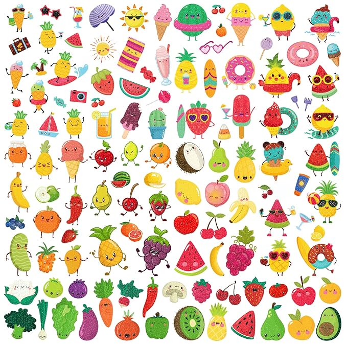 120 Pcs Fruit Vegetables Temporary Tattoos for Kids- 10 Sheet Glitter styles Fake Tattoo Stickers，Apples Bananas Pears Face Makeup Tattoos for Girls and Boys，Holiday Party Favors Supplies Accessories