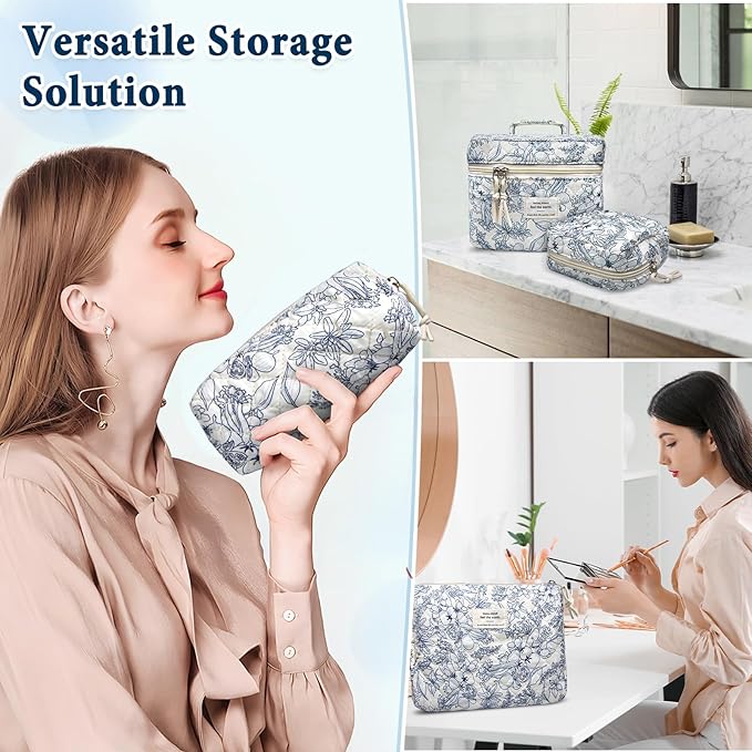 VIWIME Makeup Cosmetic Bag, Large Cotton Quilted Travel Coquette Aesthetic Cute Floral Make up Bag for Women Toiletry Bag Organizer (209 - Lao Lan/4Pcs)