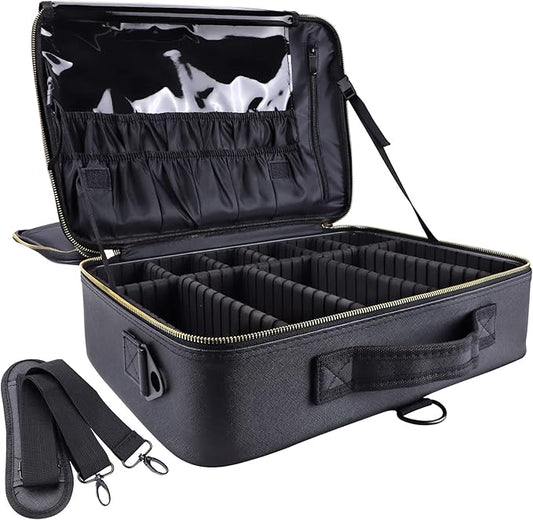 Travel Makeup Train Case, PU Leather Professional Makeup Case with Adjustable Strap Portable Cosmetic Organizer Artist Storage Bag for Toiletry Jewelry Digital Accessories (L-Black)