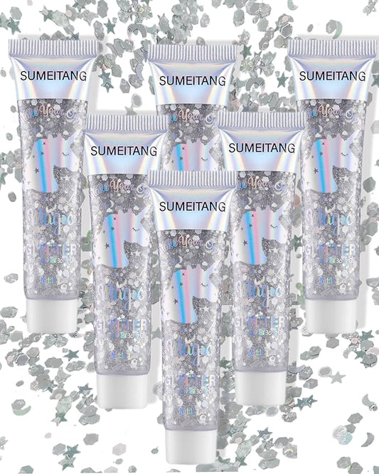 6PCS Silver Face Body Glitter Gel，Holographic Chunky Sequins Body Glitter Paint for Party Singer Concerts Music Festival Rave Accessories for Girls Women Face Body DIY Sparkling Makeup