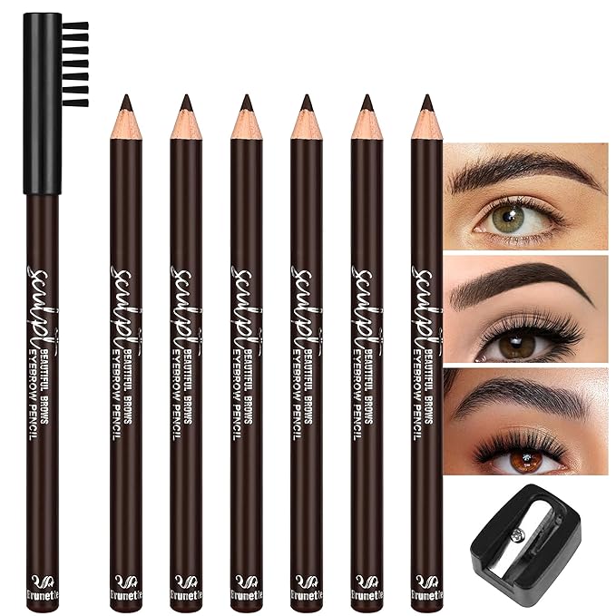 6Pcs Eyebrow pencil wooden，Brow Kit with Brush and Sharpener，Eyebrow Pencils for Women，Fine Tip Eye Brow Eye Liner for Eye Makeup,Shapes, Defines, Fills Brows (Brown-03)