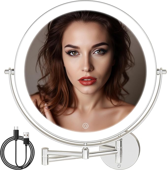 10" Wall Mounted Makeup Mirror with Light, 3000mAh Rechargeable Double Sided 1X / 7X Magnifying Vanity Mirror, 3 Color Lights Touch Dimmable 360° Rotation Bathroom Mirror, Chrome