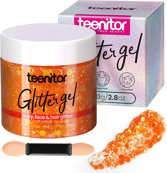 Teenitor Body Glitter Gel, Face Glitter, Orange Glitter for Body Makeup, 80g/2.8oz Face and Body, Hair Glitter Gel, Rave Glitter