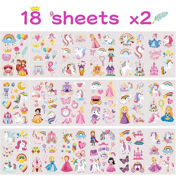 Unicorn Princess Temporary Tattoo for Kids, 270+ Pcs Rainbow Crown Unicorn Fake Tattoos for Girls’ Party Supplies Kids' Birthday Favor, 36 Sheets Waterproof Tattoos for 5 6 7 8 9 Years Old Girls