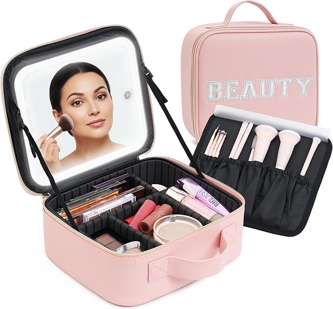 Makeup Bag with LED Mirror – Travel Cosmetic Organizer with Lighted Mirror, Adjustable Dividers & Brush Holder Storage – Portable PU Leather Makeup Case for Women & Girls - Pink