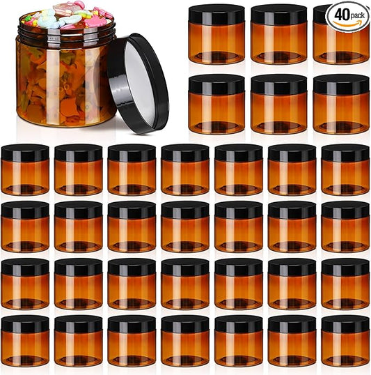 Tanlade 40 Pcs 2 oz Plastic Jars with Lids Round Cosmetic Containers Refillable Containers for Powder Liquid Food Storage Kitchen Cosmetic Lotion Ointments Creams Essential Oil(Amber)