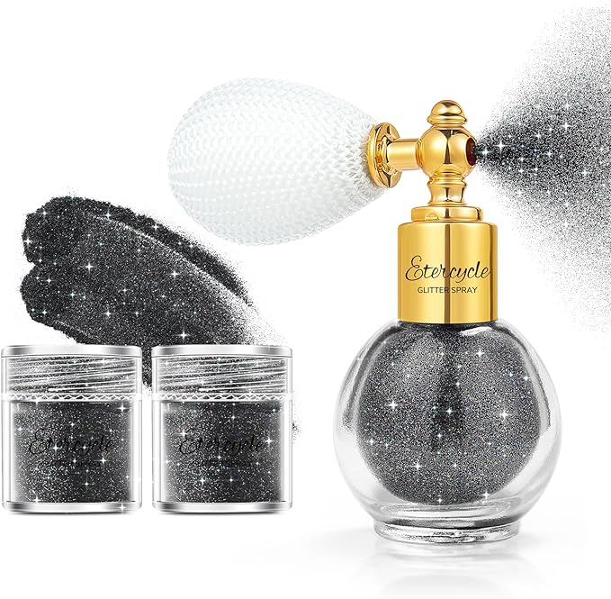 Etercycle Black Body Glitter, Hair Glitter Spray Fine Face Shimmer Powder, Longwear and Quick Drying Body Glitter Sparkly Glitter Gifts for Rave Clothes Nail Art Easter Christmas Halloween Crafts