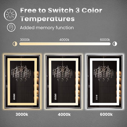 Amorho 44" X36" LED Bathroom Mirror, Brushed Nickel Framed Mirror with Front Light and Backlit, Stepless Dimmable, Anti-Fog, Shatter-Proof, Memory, 3 Colors