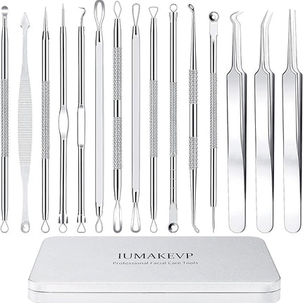 Pimple Popper Tool Kit, IUMAKEVP 15 PCS Professional Stainless Steel Blackhead Remover Comedone Extractor Tools for Removing Zit on Face - Acne Removal Kit with Metal Case (Silver)