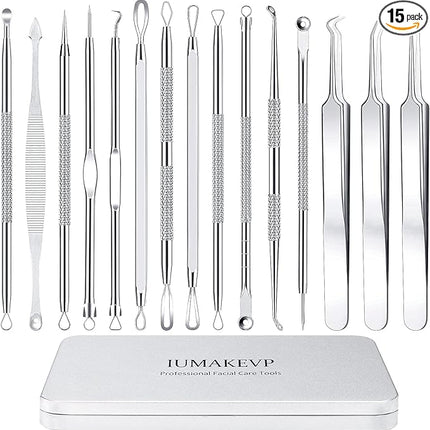 Pimple Popper Tool Kit, IUMAKEVP 15 PCS Professional Stainless Steel Blackhead Remover Comedone Extractor Tools for Removing Zit on Face - Acne Removal Kit with Metal Case (Silver)