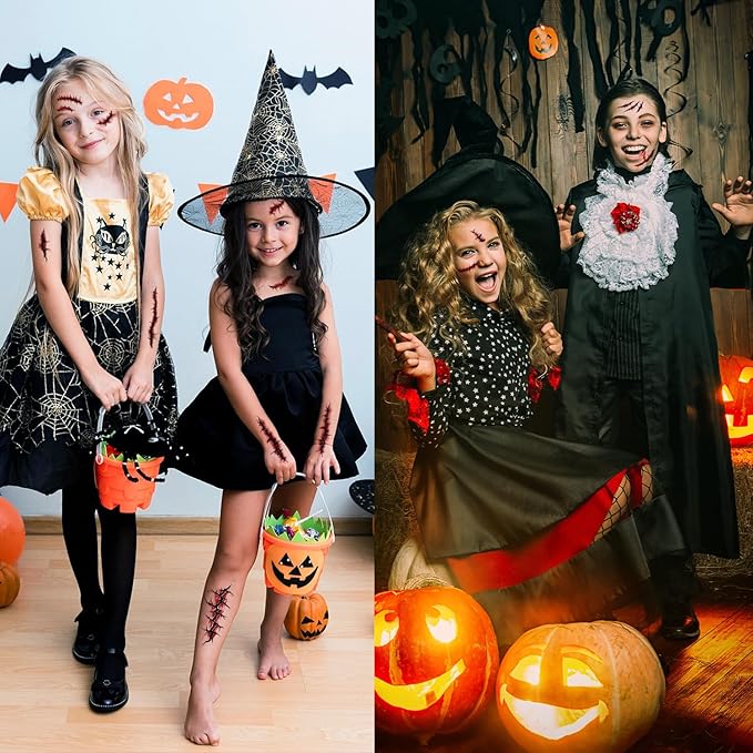 JCFIRE 12 Sheets Body Face Fake Scar Halloween Makeup Kit, Halloween Temporary Tattoos for Kids Adults, Zombie Costume Women Kids Stickers, Party Decorations Supplies Accessories