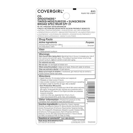 COVERGIRL Smoothers Lightweight BB Cream, Fair to Light 805, 1.35 oz (Packaging May Vary) Lightweight Hydrating 10-In-1 Skin Enhancer with SPF 21 UV Protection