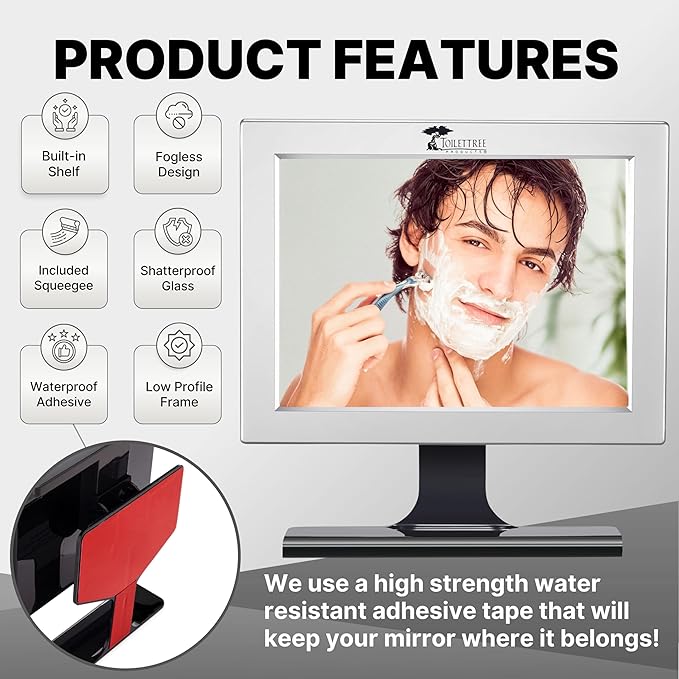 ToiletTree Products Fogless Shower Mirror with Squeegee - Anti-Fog Mirror - Adjustable Shaving Mirror with a Squeegee - Rust-Proof, Impact-Resistance Bathroom Shower Mirror