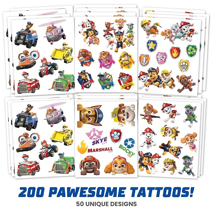 Savvi - 200 Paw Patrol Temporary Tattoos for Kids Skin-Safe Ink, Great for Birthday Parties and Game Nights, Boys and Girls Ages 4-12+, Made in the USA