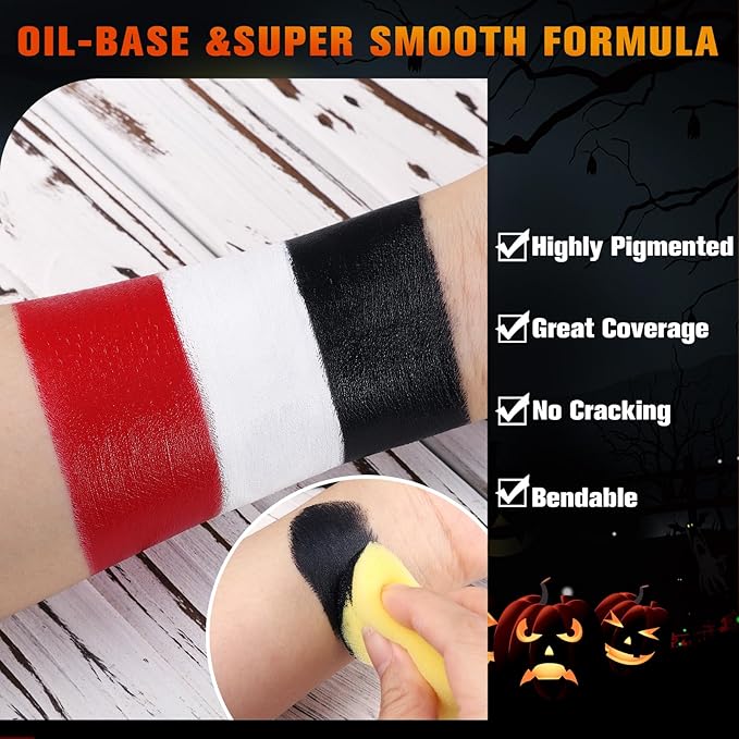 BOBISUKA White Black Red Face Body Paint with 3PCS Sponges Face Painting Kit for Adult Large Capacity Oil Based Paints Palette For Halloween Makeup Clown Joker Devil Cosplay SFX Costume Party