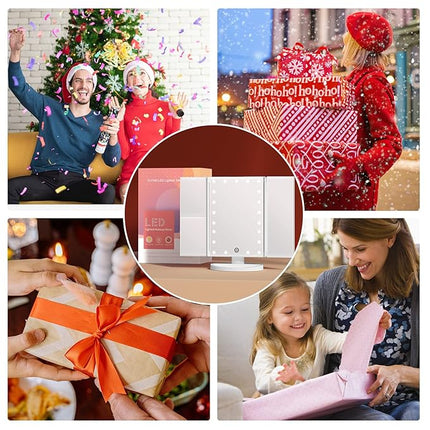 FASCINATE Trifold Vanity Mirror with Lights, Lighted Makeup Mirror 2X/3X Magnification, 21 LED Touch Dimming, Dual Power 180° Rotation Lit Beauty Table Mirror, Make up Mirror with Lighting