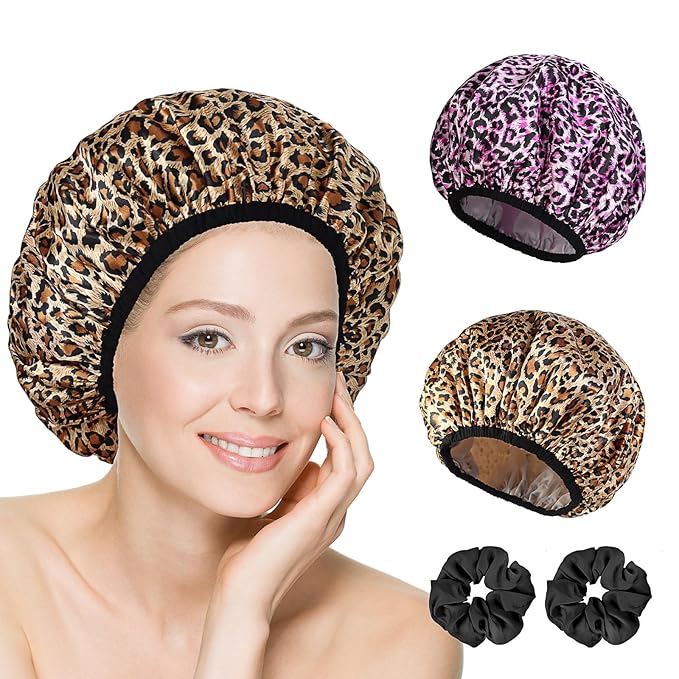 2-Pack Reusable Waterproof Shower Caps for Women, Double-Layer Elastic Bath hat,Extra Large Hair Cap for Long Curly Hair（Leopard）