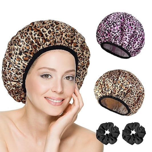 2-Pack Reusable Waterproof Shower Caps for Women, Double-Layer Elastic Bath hat,Extra Large Hair Cap for Long Curly Hair（Leopard）