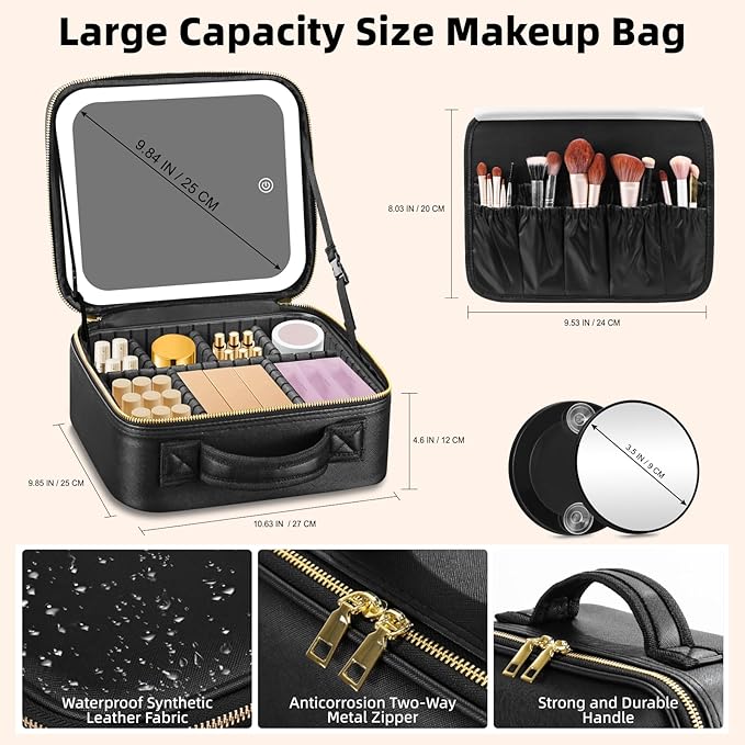 Lighted Travel Makeup Bag - 3 Colors, Mirror, 2-Layer Organizer with 10X Magnifying Mirror - Portable Cosmetic Case with Adjustable Dividers (Black)
