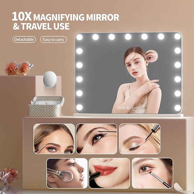 Hasipu Vanity Mirror with Lights and Bluetooth Speaker, 31.5" x 23.6" Hollywood Mirror, Makeup Mirror with 17 Dimmable Bulbs and 10X Magnification, 3 Colors Modes, USB Charging Port, Type-C (White)