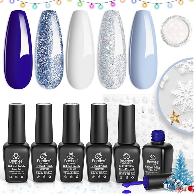 Beetles 6 Pcs Winter Christmas Gel Nail Polish Set- 5 Colors Glitter White Blue Silver Gel Polish Kit with Strengthener Reinforcement Nail Sticker Snowflakes Soak off UV LED Lamp Gifts for Girls