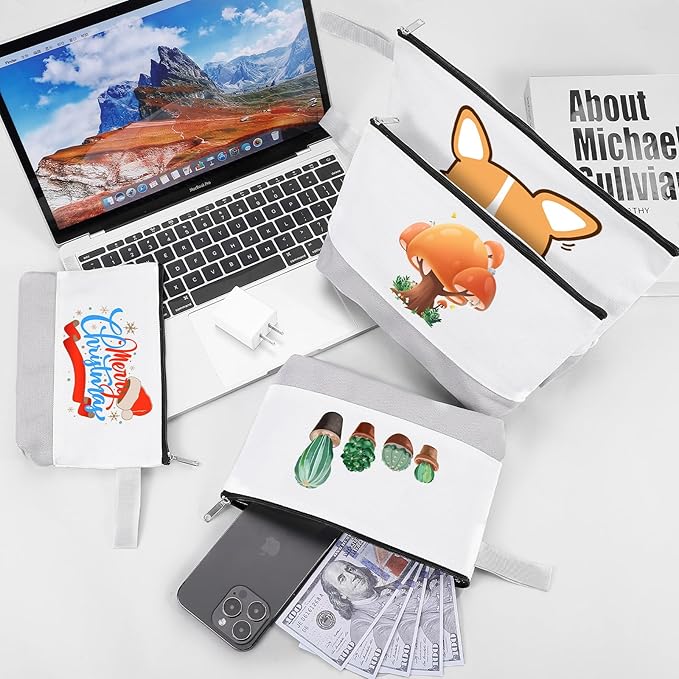 10 Pieces Cotton Canvas Makeup Bag with Bottom and Strap, Multi-Purpose Cosmetic Bag with Zipper Travel Toiletry Pouch, Blank DIY Craft Bag (White&Grey, S)