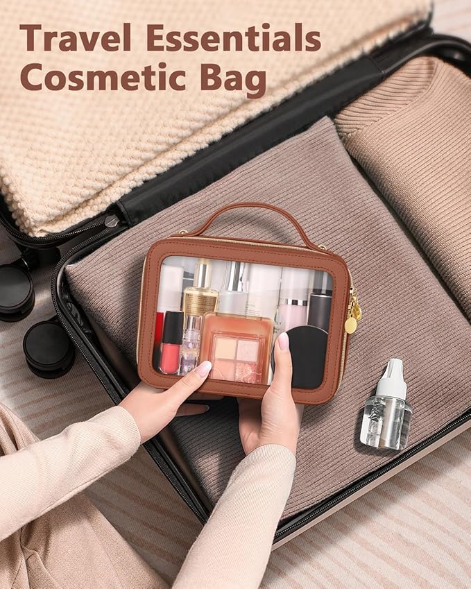 Clear Makeup Bag, Portable Travel Cosmetic Bags, Multipurpose Leather Toiletry Bag with Zipper, Waterproof Transparent Cosmetic Organizer for Women, Medium, Brown