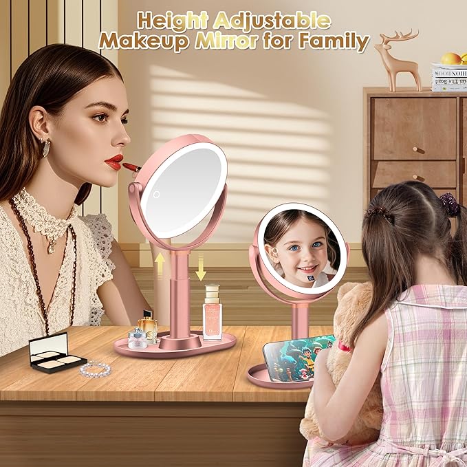 MIYADIVA Makeup Mirror with Lights, 30X/1X Magnifying Mirror with Digital Display, Height Adjustable Tabletop Mirrors, Detachable for Travel, Vanity Mirrors with Phone Holders, Rose Gold