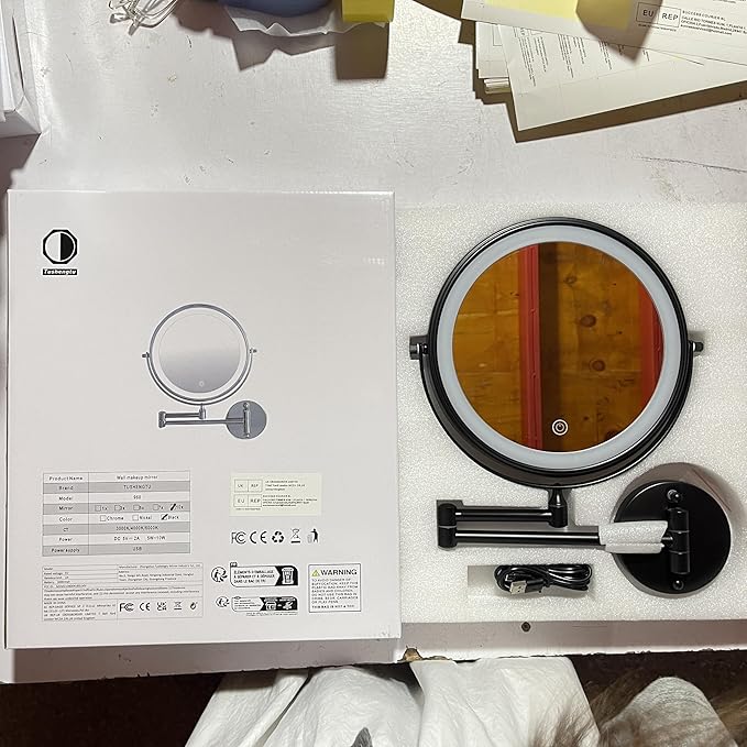 9" Large Black Wall Mount Magnifying Mirror With Light, TUSHENGTU 3000mAh Rechargeable Lighted Makeup Vanity Mirror Wall Mounted Swing Arm,10X/1X Magnifying Vanity Mirror for Bathroom 360°Double Sided