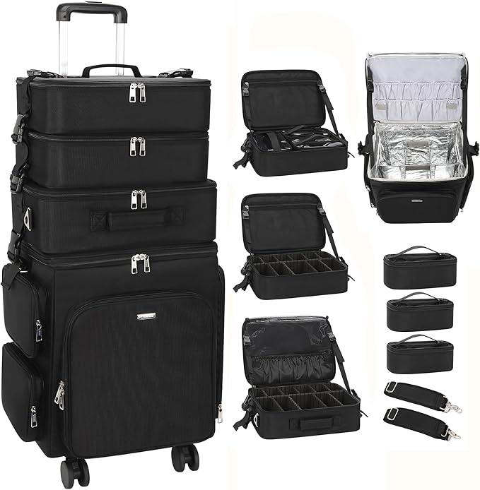Relavel Rolling Makeup Case, 4 in 1 Hairstylist Traveling Bag Cosmetology Case on Wheels Large Hair Tools Cosmetics Train Case Makeup Artist Storage Organizer Trolley Suitcase with 360° Swivel Wheels