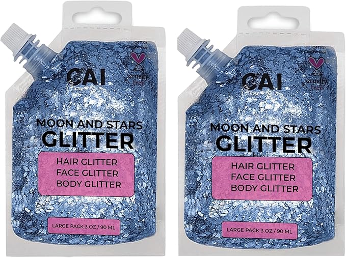 Face, Body & Hair Glitter Gel – Halloween Glitter for Kids and Women – 3 Oz Cosmetic-Grade Gel w/Moon & Stars for Festivals & Halloween Party, Easy Apply & Wash Off - Blue 2Pack