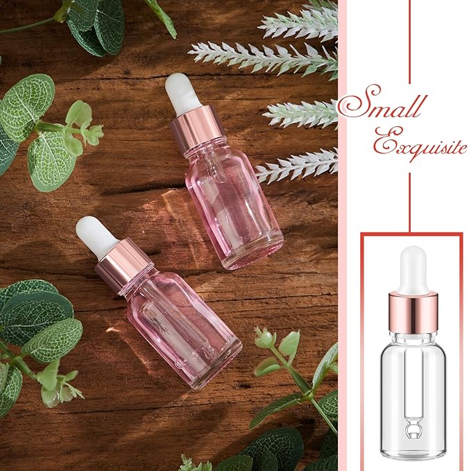 100 Pcs Mini Glass Oil Dropper Bottle Bulk, Clear Essential Small Empty Bottles Sample Containers Perfume Liquid Vials with Cap for Traveling (15 ml,Rose Gold)