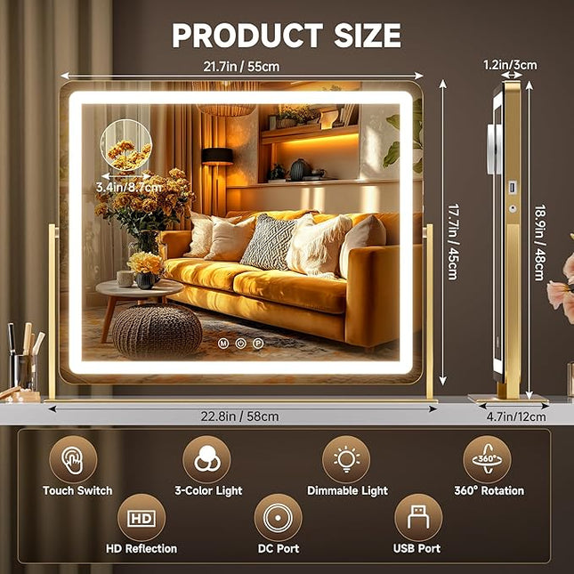 Hasipu Vanity Mirror with Lights 24" x18” -Makeup Mirror with Lights and 5X Magnification, Phone Holder, USB Charging & Smart Touch 3-Color Lighting (Gold)