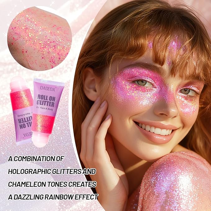 DAGEDA Roll-on Body Glitter,Holographic Eye Face Hair Glitter Gel for Festival Outfit Mermaid Accessories,Chameleon Color Body Shimmer Makeup Rave Outfits Accessories for Women 50ml (Pink)
