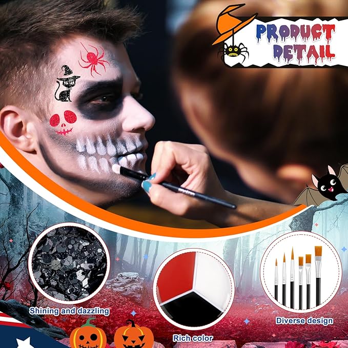18 Pcs Halloween Face Paint Kit 3 Colors Red White Black Face Paint Kit with Glitter Stencil Makeup Brush for Halloween Cosplay Party Supplies