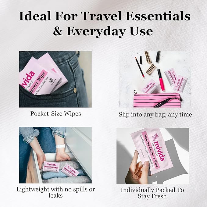 mivida 500 Count Bulk Individually Wrapped Makeup Remover Wipes with Vitamin E | Hypoallergenic, Fragrance-Free, Alcohol-Free makeup wipes | Bulk single make up removing wipes