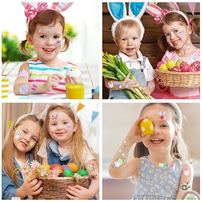 Metuu Easter Temporary Tattoos For Easter Basket Stuffers, 95 Pcs Foil Glitter Style Fake Tattoos For Easter Party Decorations, 4 Sheets Bunny Egg Butterfly Colorful Tattoos for Kids Adults