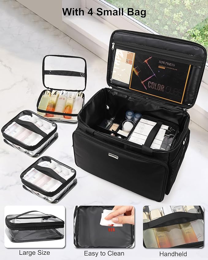 Extra Large Makeup Bag Travel Makeup Case Professional Makeup Artist Bag with 4 Clear Pouches Hairstylist Cosmetic Bag with Detachable Dividers and Shoulder Straps