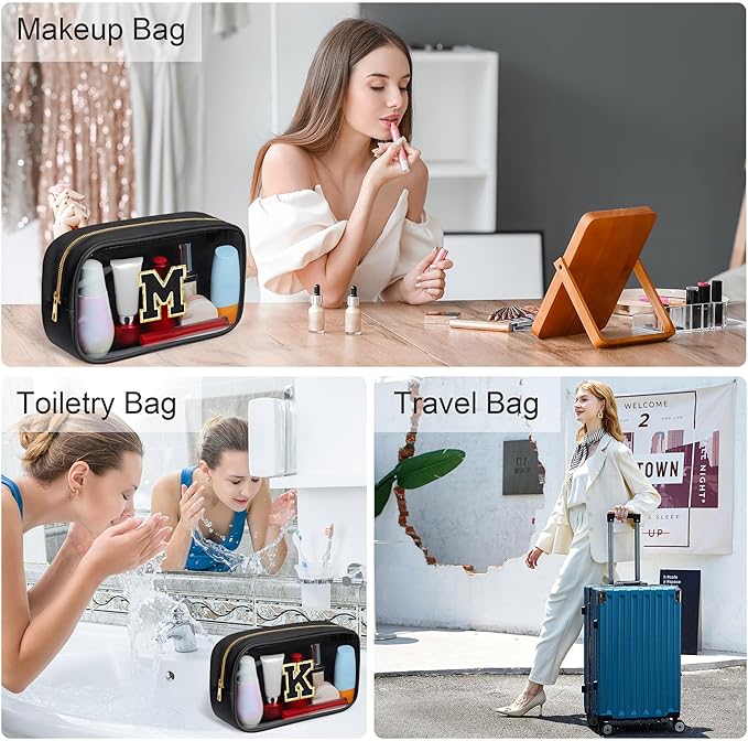 YOOLIFE Travel Clear Makeup Bag Toiletry Bag, Make up Bag Waterproof Toiletry Bags for Women Cosmetic Bag Birthday Gifts for Women Personalized Mother Girlfriend Wife Bridesmaid Gifts Black Letter G