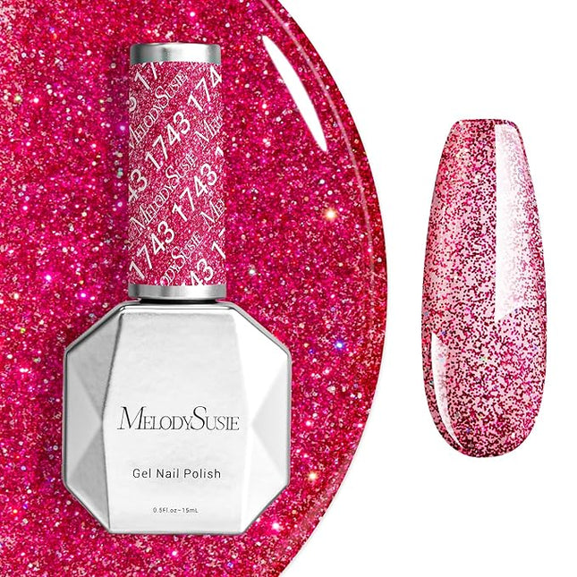 MelodySusie Neon Pink Glitter Gel Nail Polish,Red 0.5fl oz Soak Off UV LED Pink Diamond Glitter Gel Polish Gift for Women Nail Art Manicure Salon DIY Nail Design Decoration at Home-1743