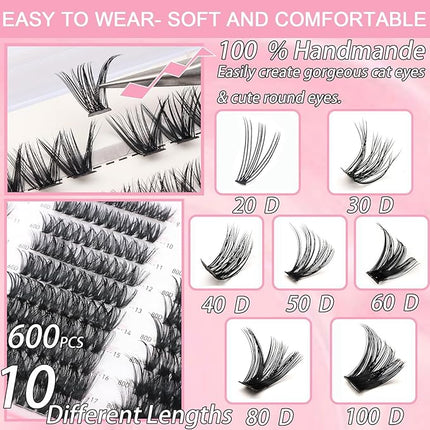 Manga Lash Clusters, 600 Pcs Eyelashes Clusters Extensions 9-16mm Individual Lashes D Curl Fluffy Wispy False Eyelashes Thin Band (20D&30D&40D&50D&60D&80D)