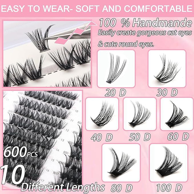 Manga Lash Clusters, 600 Pcs Eyelashes Clusters Extensions 9-16mm Individual Lashes D Curl Fluffy Wispy False Eyelashes Thin Band (20D&30D&40D&50D&60D&80D)