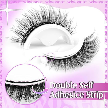 wiwoseo Self Adhesive Eyelashes No Glue Needed False Lashes Natural Look Lash Extensions Reuseable Self Adhesive Lashes Wispy Lashes with Tweezer 3 Pairs Pack