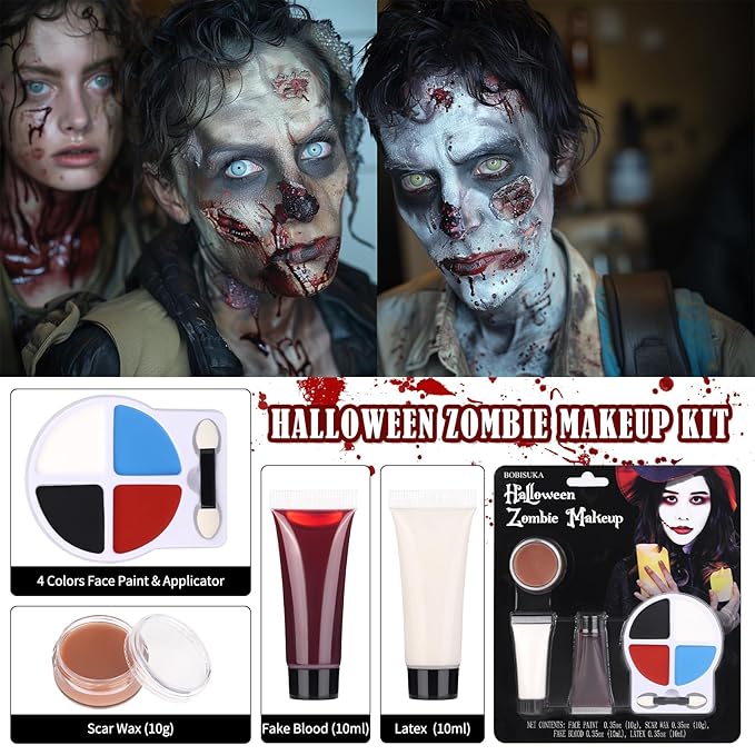 BOBISUKA Halloween Zombie Makeup Kit with 4 Colors Face Body Paint & Applicator, Fake Blood, Liquid Latex and Scar Wax SFX Makeup Set for Vampires Wounds Clown Cosplay Special Effects Makeup