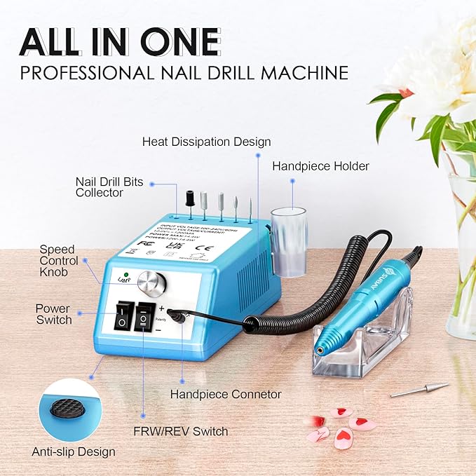 Subay Professional Nail Drill Electric File 20000RPM for Acrylic Nails, Gel Nail, Nail Art Polisher, Manicure Pedicure Tools for Salon Home