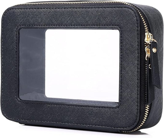 Pinkmik Clear Makeup Bag for Women Waterproof Travel Cosmetics and Toiletries Case Portable Makeup Oaganizer Bag Clear Car Bag with Zipper (Black, M)