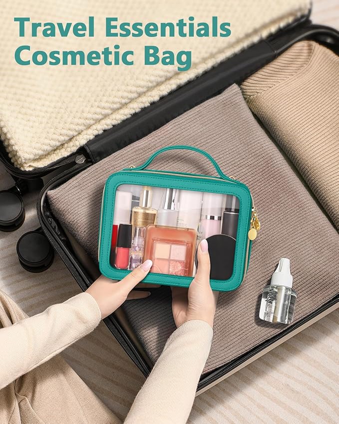 Clear Makeup Bag, Portable Travel Cosmetic Bags, Multipurpose Leather Toiletry Bag with Zipper, Waterproof Transparent Cosmetic Organizer for Women, Medium, Green