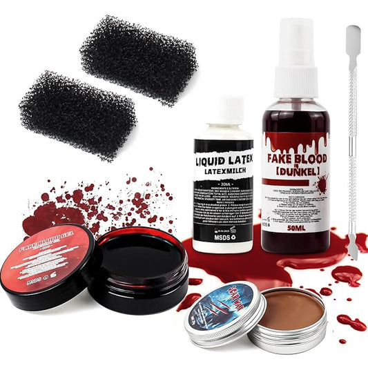 Halloween Sfx Makeup Kit, Special Effects Makeup Kit, Scar Wax with Double-Ended Spatula, Washable Fake Blood, 2 Stipple Sponge, Scab Coagulated Blood Gel, Realistic (Blood Red)