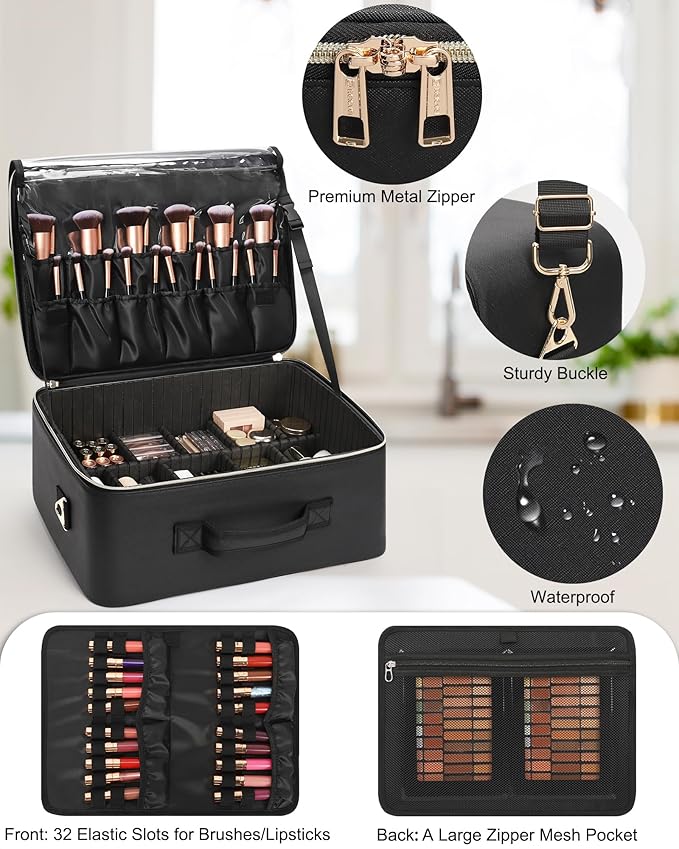 Relavel Extra Large Makeup Bag,Professional Makeup Train Case for Makeup Artists,Travel Cosmetic Organizer Box with 4 Small Portaleb Case Bag&Brush/Lipstick Plate,Adjustable Compartments Dividers